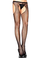 Suspender pantyhose, small fishnet, open crotch, plus size